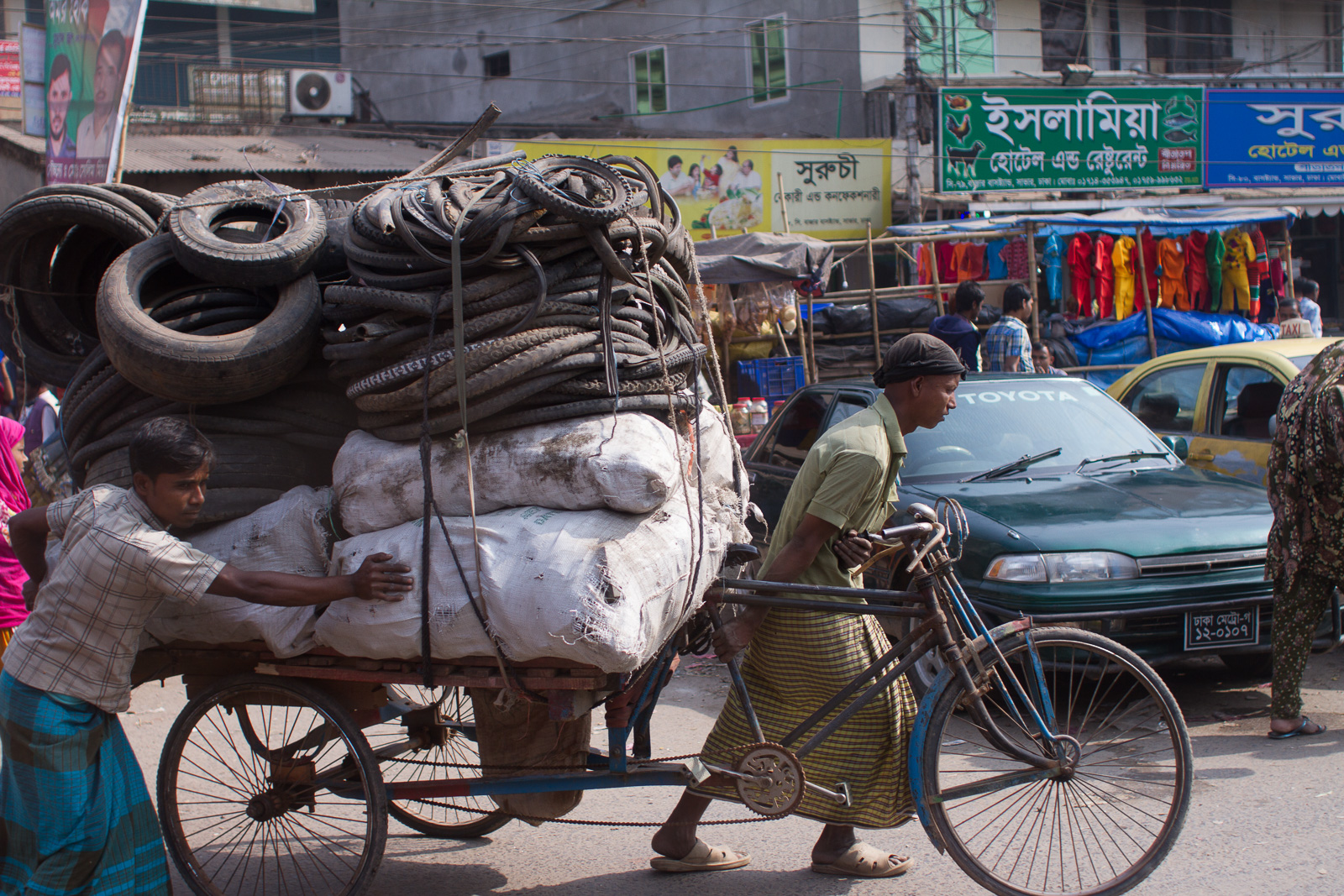 Hauling tires in Dhaka, Bangladesh